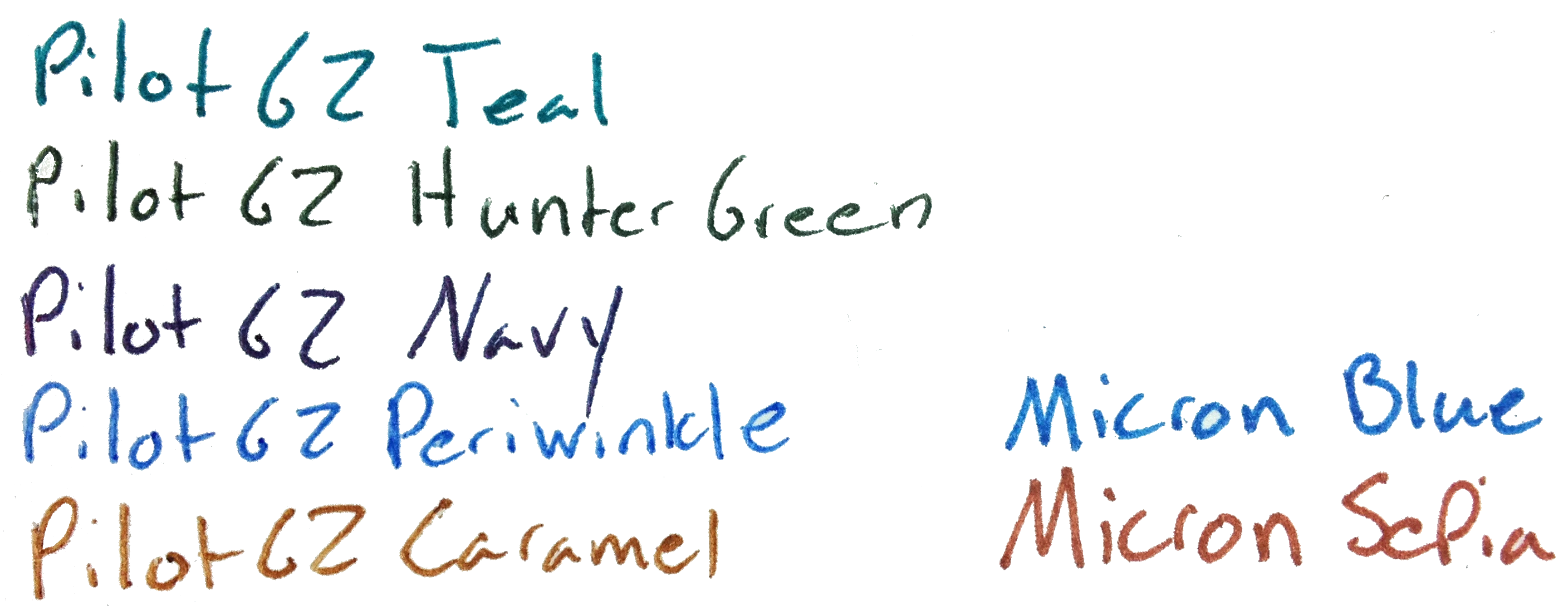 Review Pilot G2 Teal, Hunter Green, Navy, Periwinkle, and Caramel